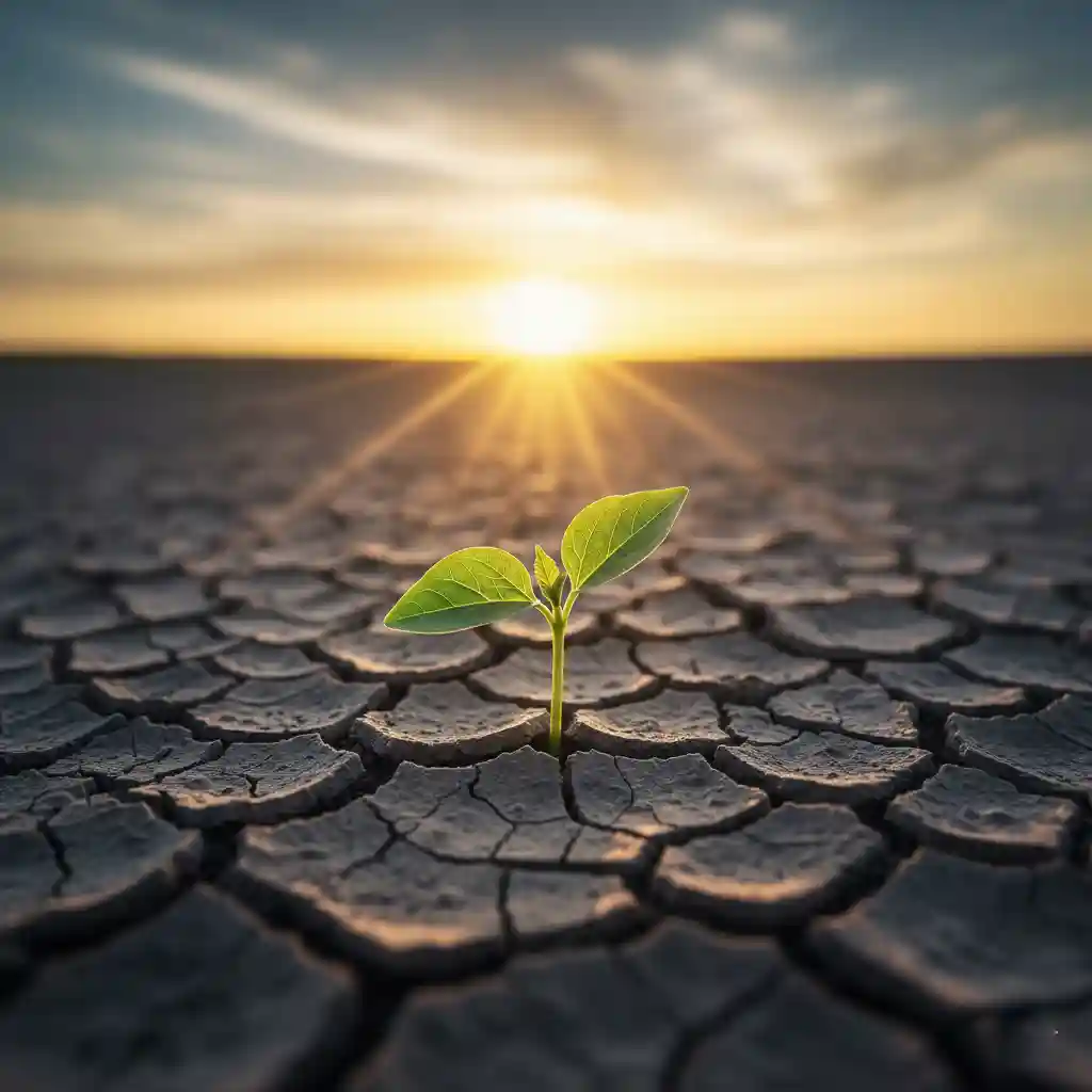 A vibrant green sprout growing out of cracked, dry earth during a sunrise, symbolizing new beginnings after a difficult ending or "death" phase.