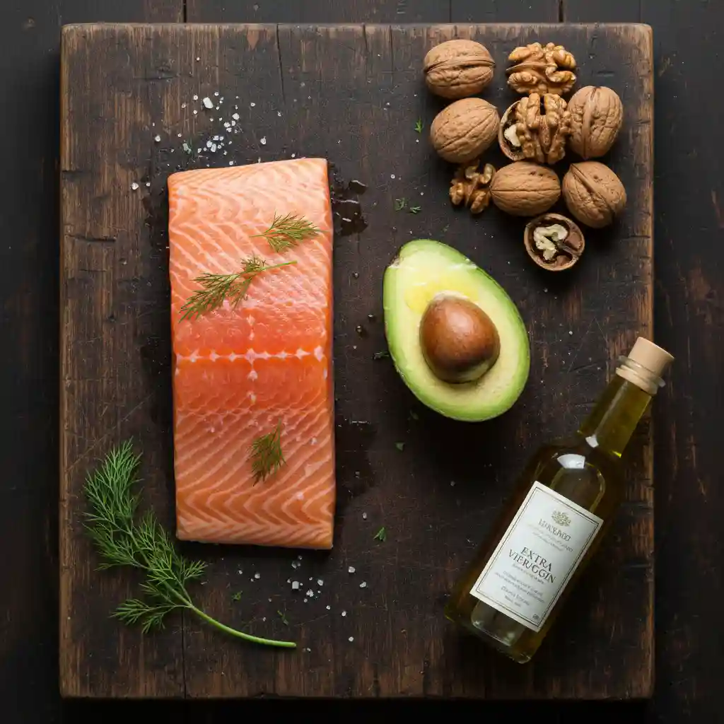 Fresh raw salmon fillet, avocado, and walnuts arranged on a wooden board, showcasing gut-brain axis ingredients.