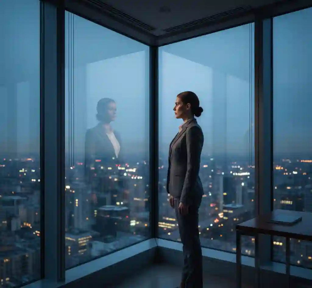 A professional woman in a modern office looking at her reflection in a glass window, appearing contemplative and determined.