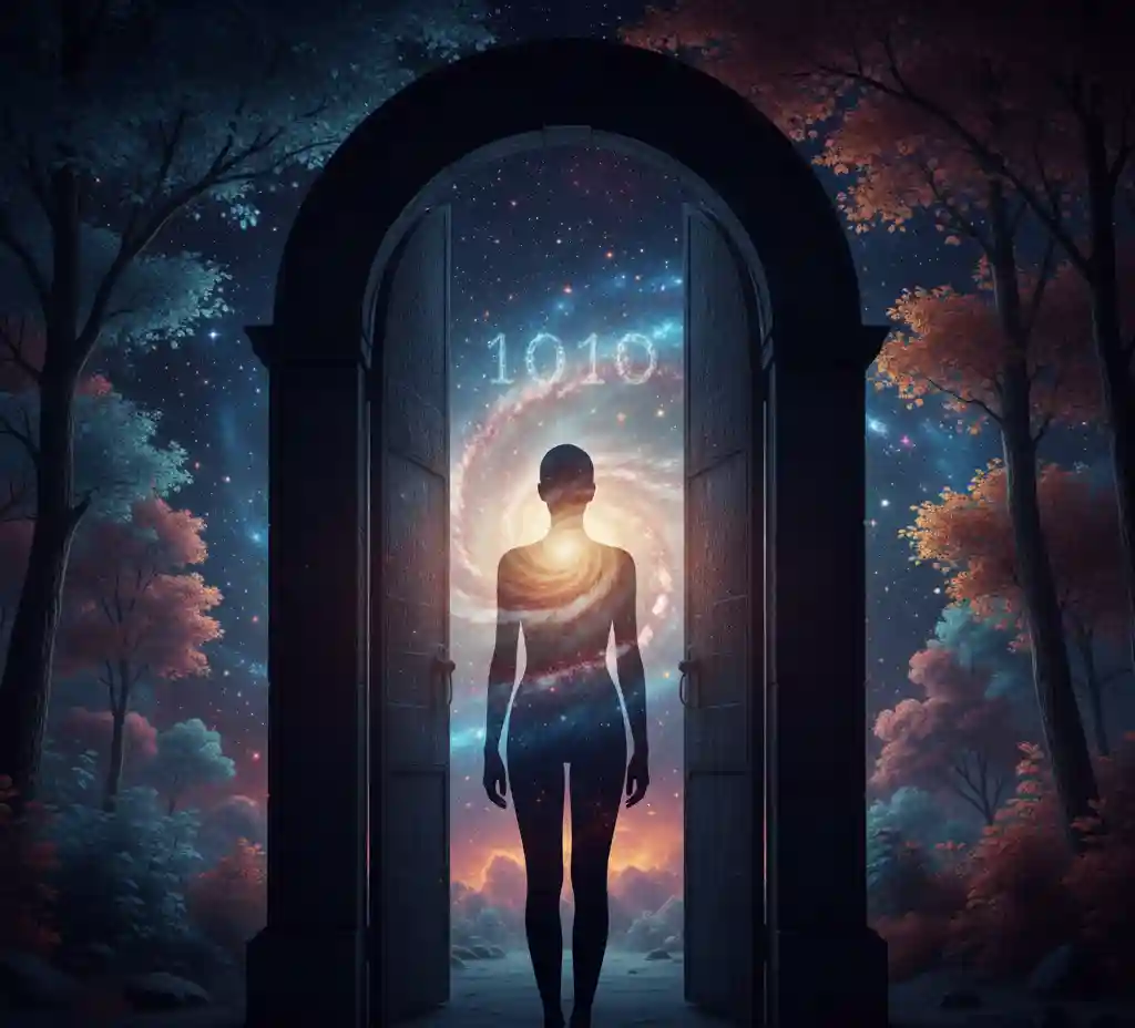 A mystical open doorway leading to a bright, glowing landscape, symbolizing the infinite potential of the number 1010.