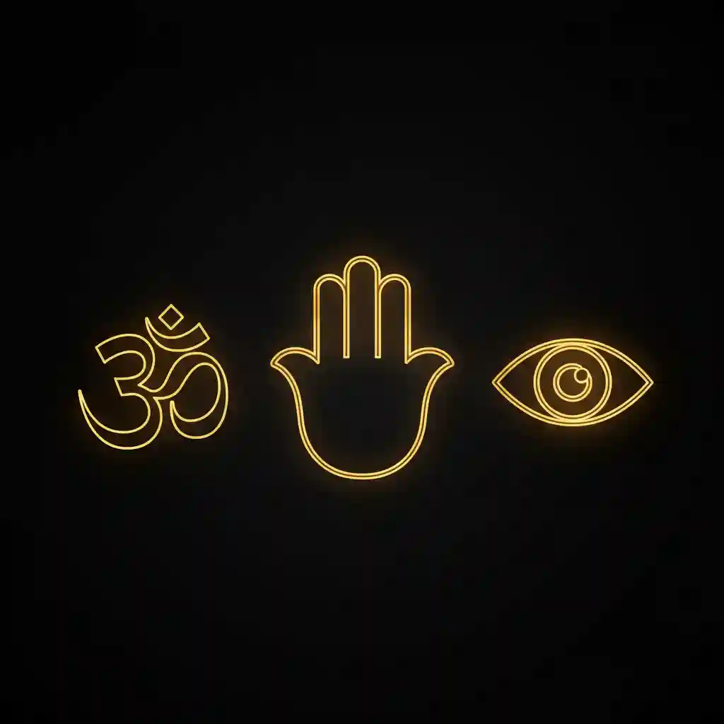 A collection of golden spiritual symbols (Hamsa, Evil Eye, Om) arranged artistically on a black background, representing protection.