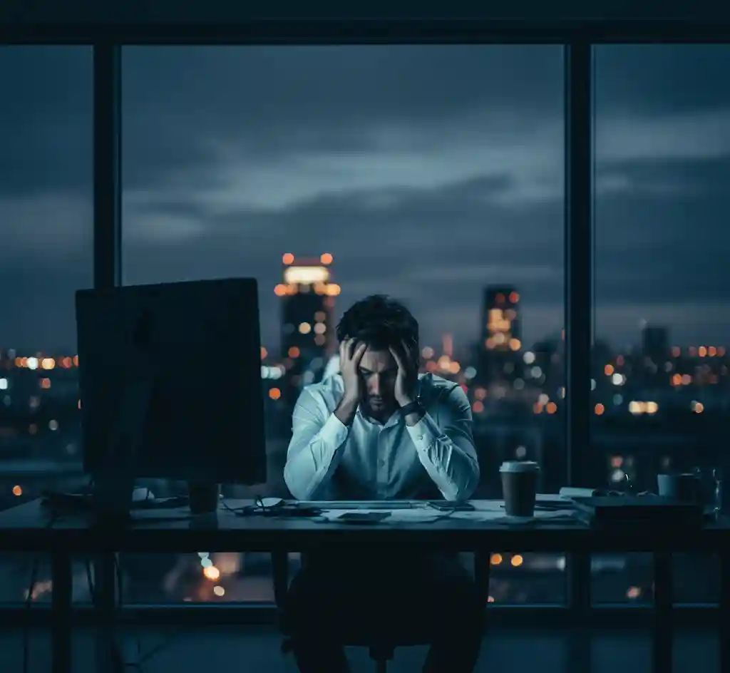 A stressed office worker holding his head in his hands late at night, illuminated by a computer screen, representing workplace burnout.