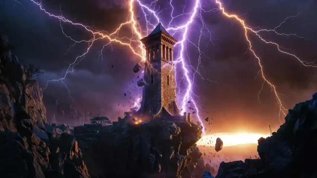 A cinematic interpretation of The Tower tarot card, showing a stone tower struck by lightning against a dark sky, representing sudden change.
