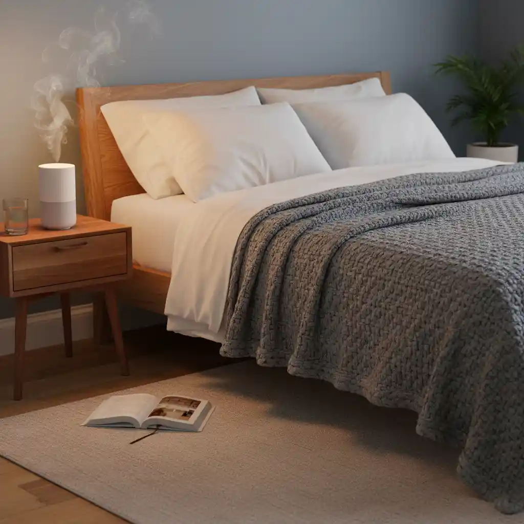 A cozy bedroom scene featuring a grey weighted blanket and a lavender diffuser, representing an anxiety-relief environment.