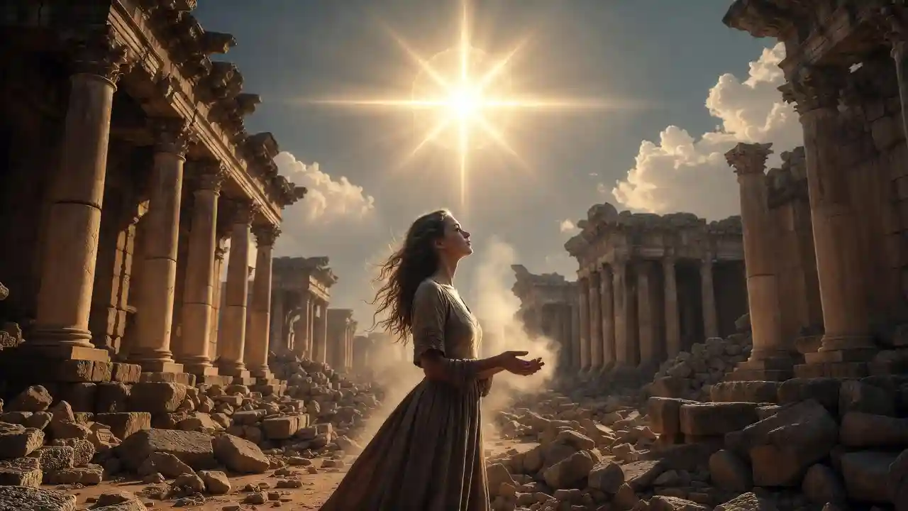 A woman standing amidst ruins but looking towards a bright sun, symbolizing hope and rebuilding after a Tower moment.