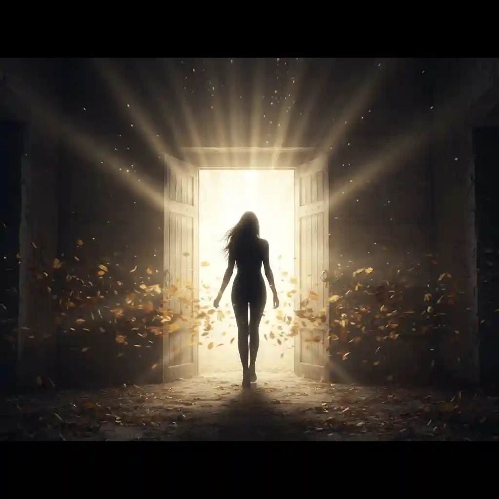 A silhouette of a person opening a door to reveal a bright light, symbolizing stepping out of the past and into the future.
