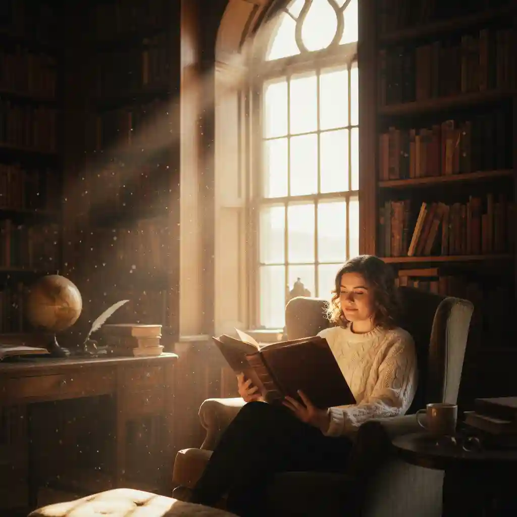 A person deeply engrossed in a book in a sunlit library, representing the thirst for knowledge and wisdom associated with 777.