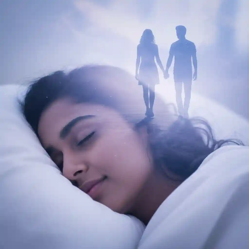 A woman sleeping peacefully with a double-exposure effect of a misty silhouette of a couple fading away, representing dreaming of an ex.
