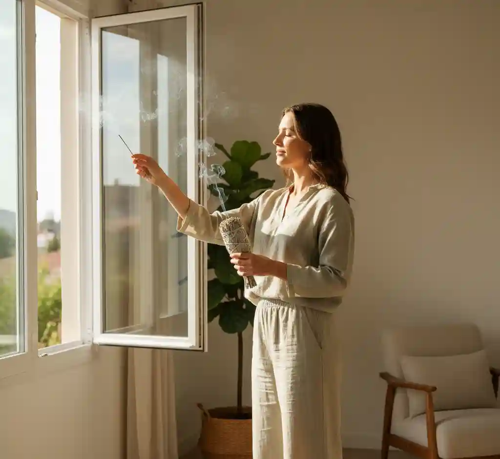 A woman holding a smoking sage bundle near an open window, performing an energy cleansing ritual to remove negativity.