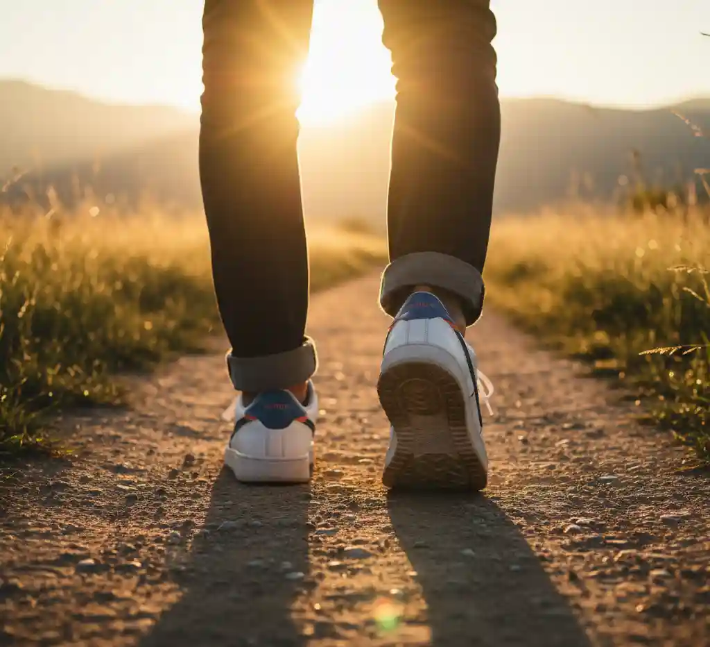 A person taking a confident step forward onto a new path at sunrise, symbolizing stepping out of a comfort zone.