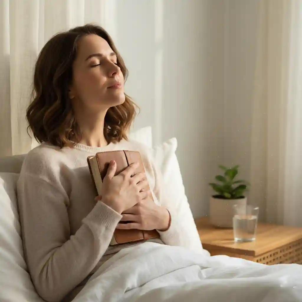 A woman sitting up in bed looking relieved after a nightmare, with a journal on her lap, representing processing anxiety.