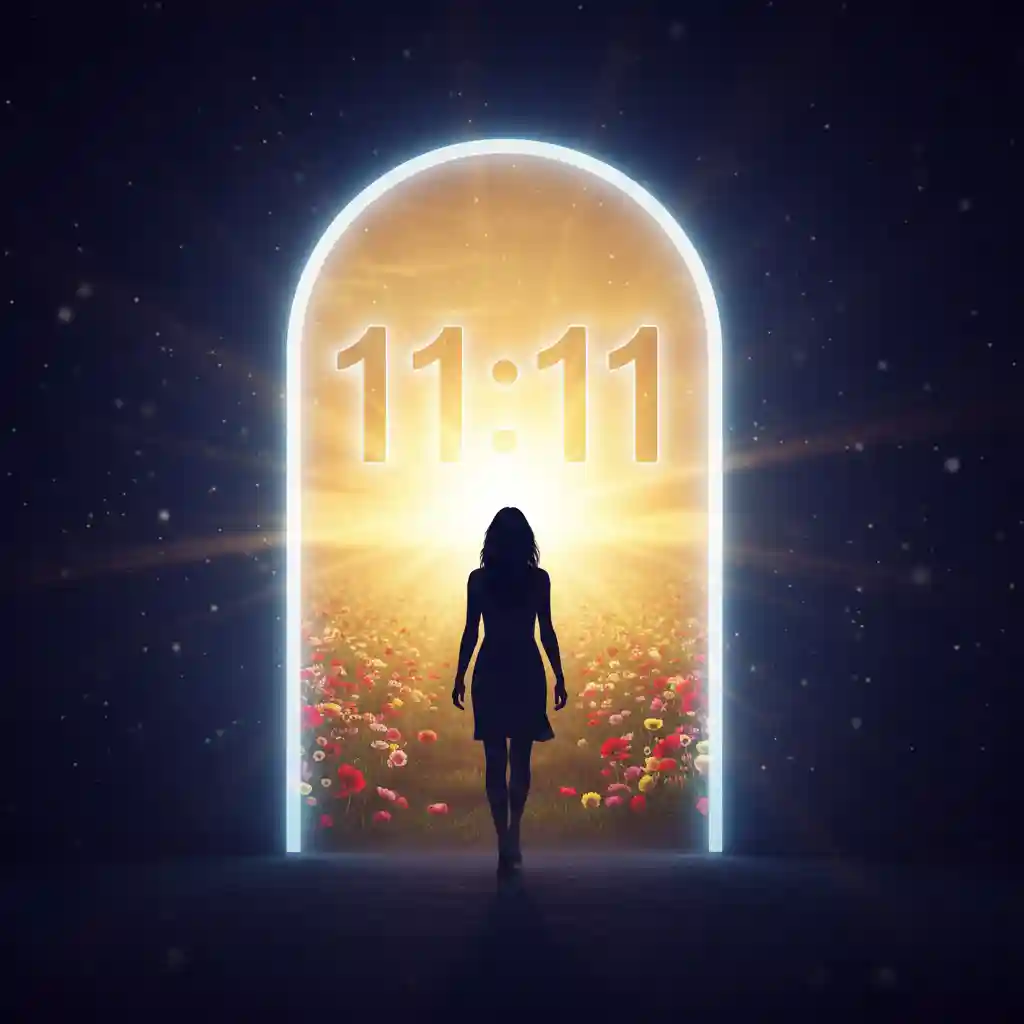 A woman walking towards a bright, golden doorway or sunrise, symbolizing 1111 as a portal to new beginnings.