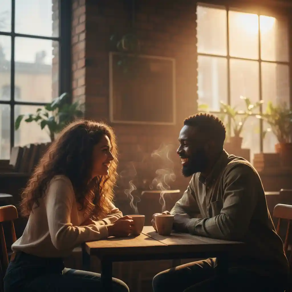 Two friends sitting in a cozy coffee shop, leaning in and having a deep, genuine conversation, ignoring their phones.