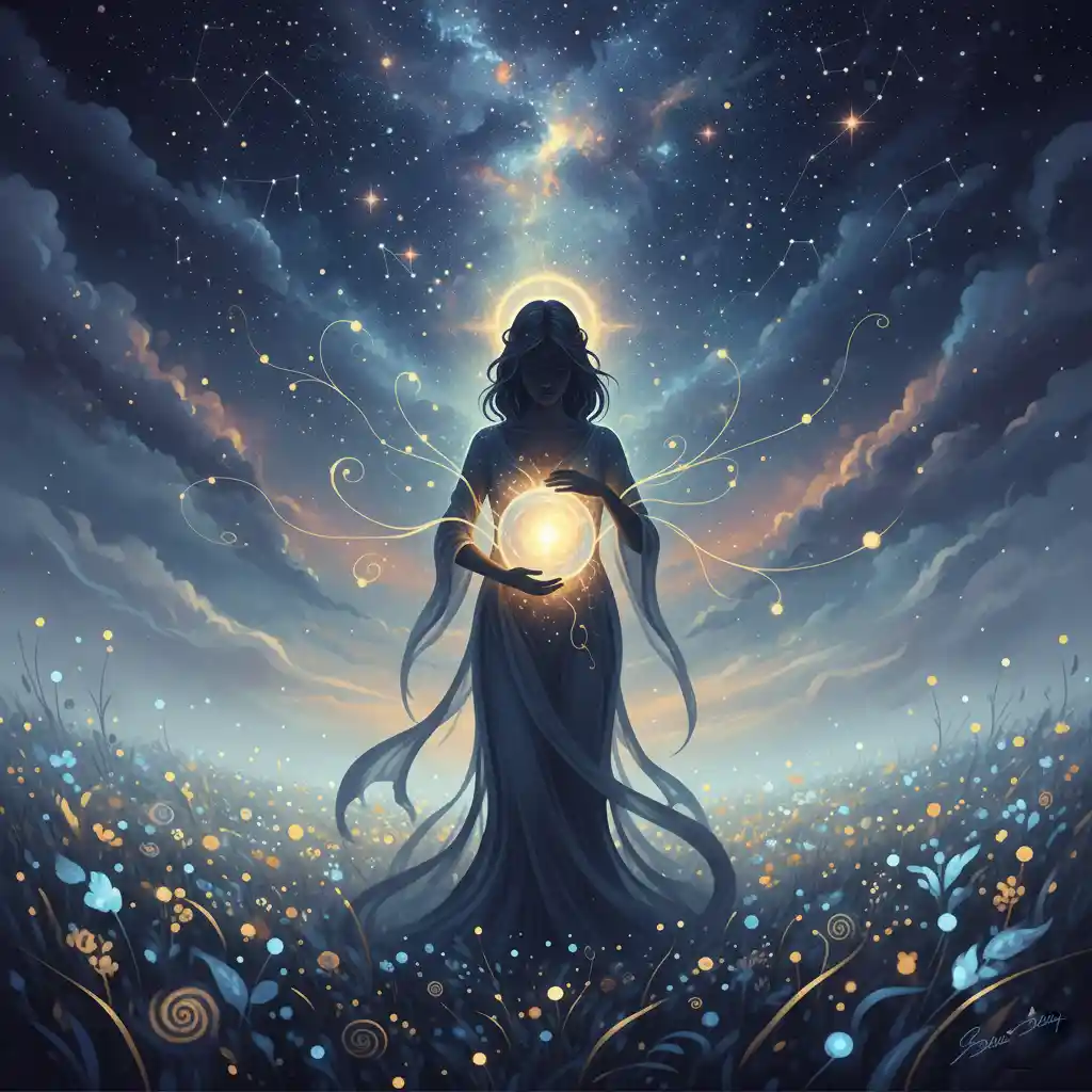 An artistic silhouette of a woman standing in a field of stars, holding a glowing light near her stomach, representing spiritual creativity and potential.