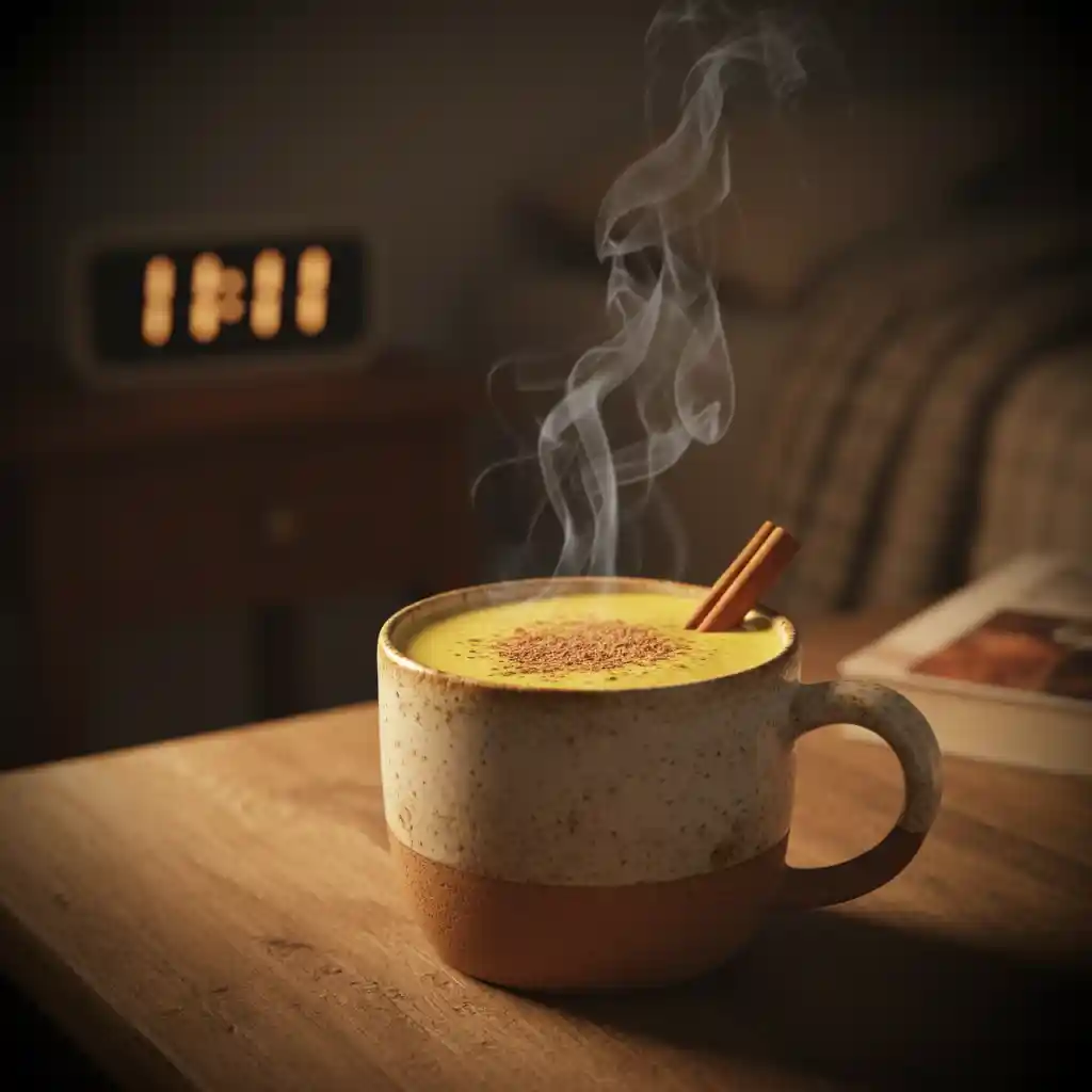 A cozy mug of steaming yellow turmeric milk (moon milk) sitting on a dark wooden table next to a digital clock reading 11:11.