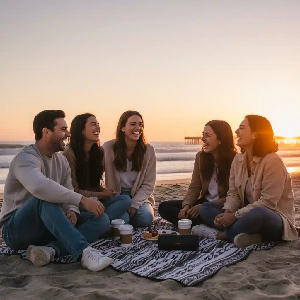 A group of friends laughing together on a beach at sunset, representing a soul tribe and spiritual connection.