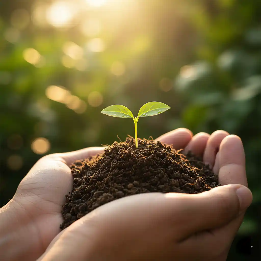 Close-up of hands gently holding a small green plant sprout in soil, illuminated by sunlight, symbolizing nurturing new projects.