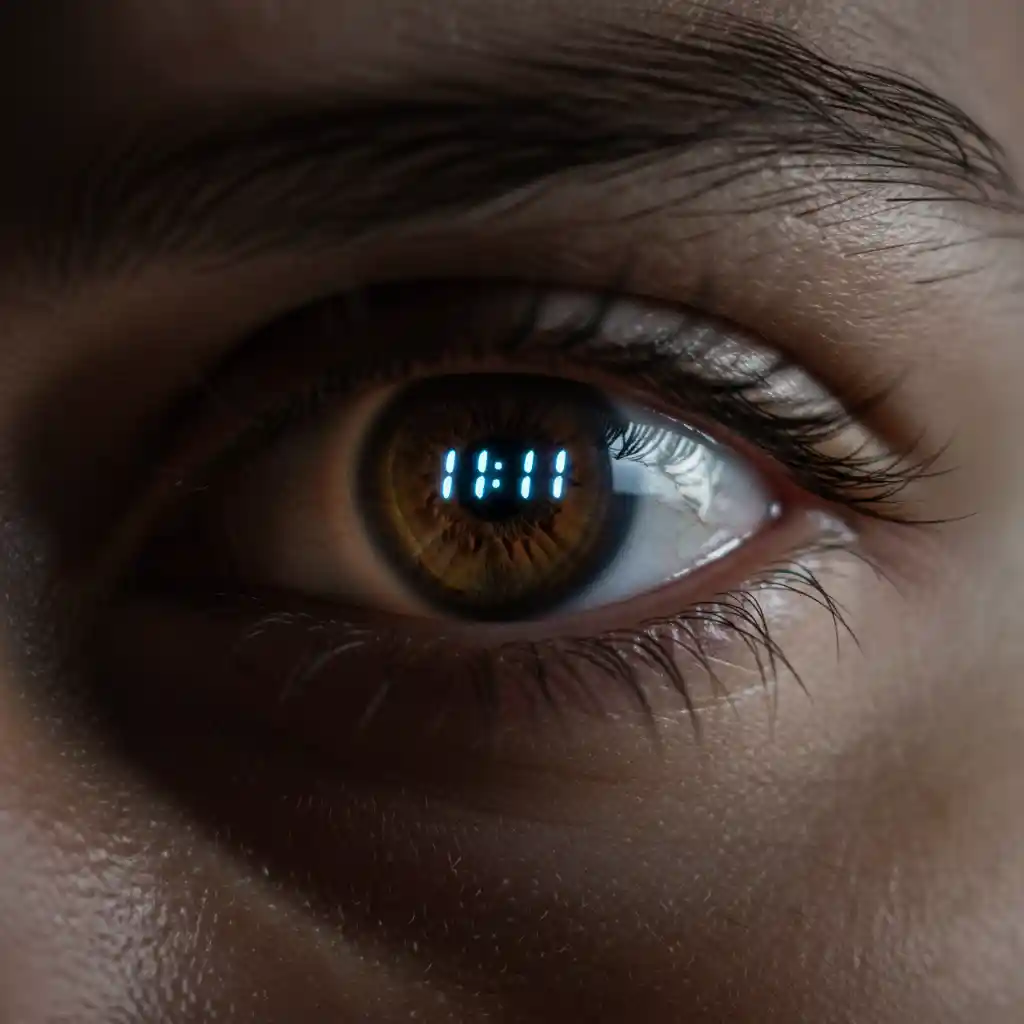 A macro shot of a human eye reflecting a glowing digital clock that reads 11:11, symbolizing a moment of introspection and seeing the truth.