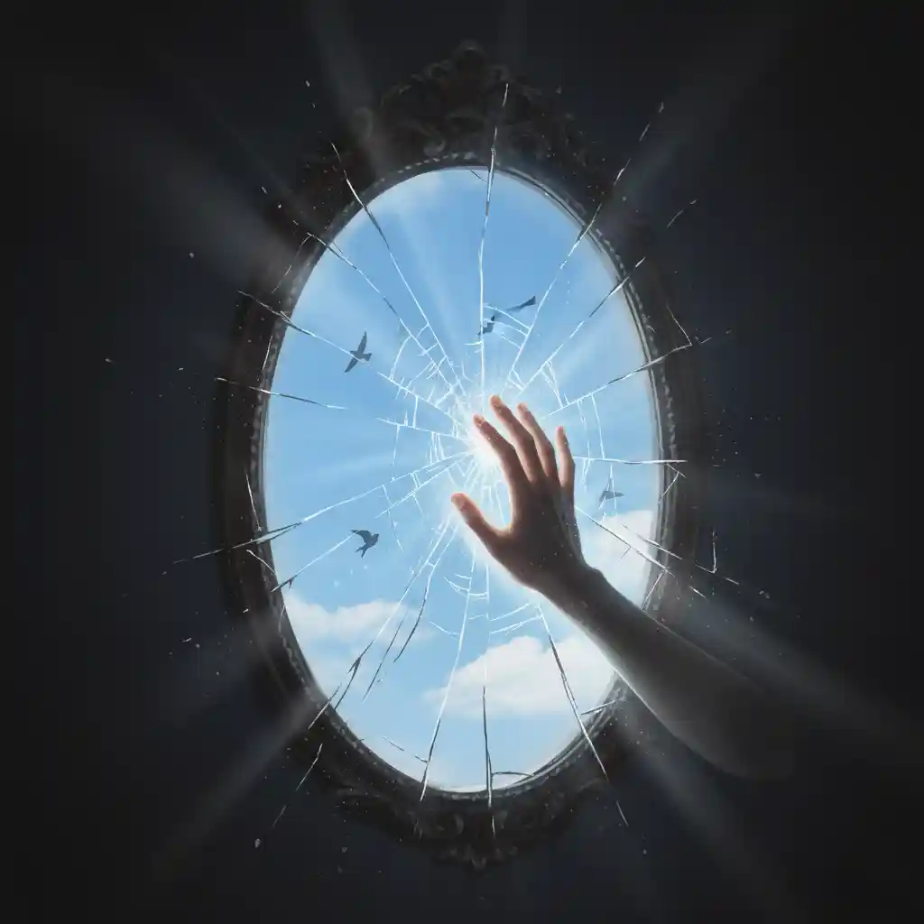 An artistic image of a hand touching a mirror that is shattering, with a clear sky visible through the cracks, representing breaking through illusions.