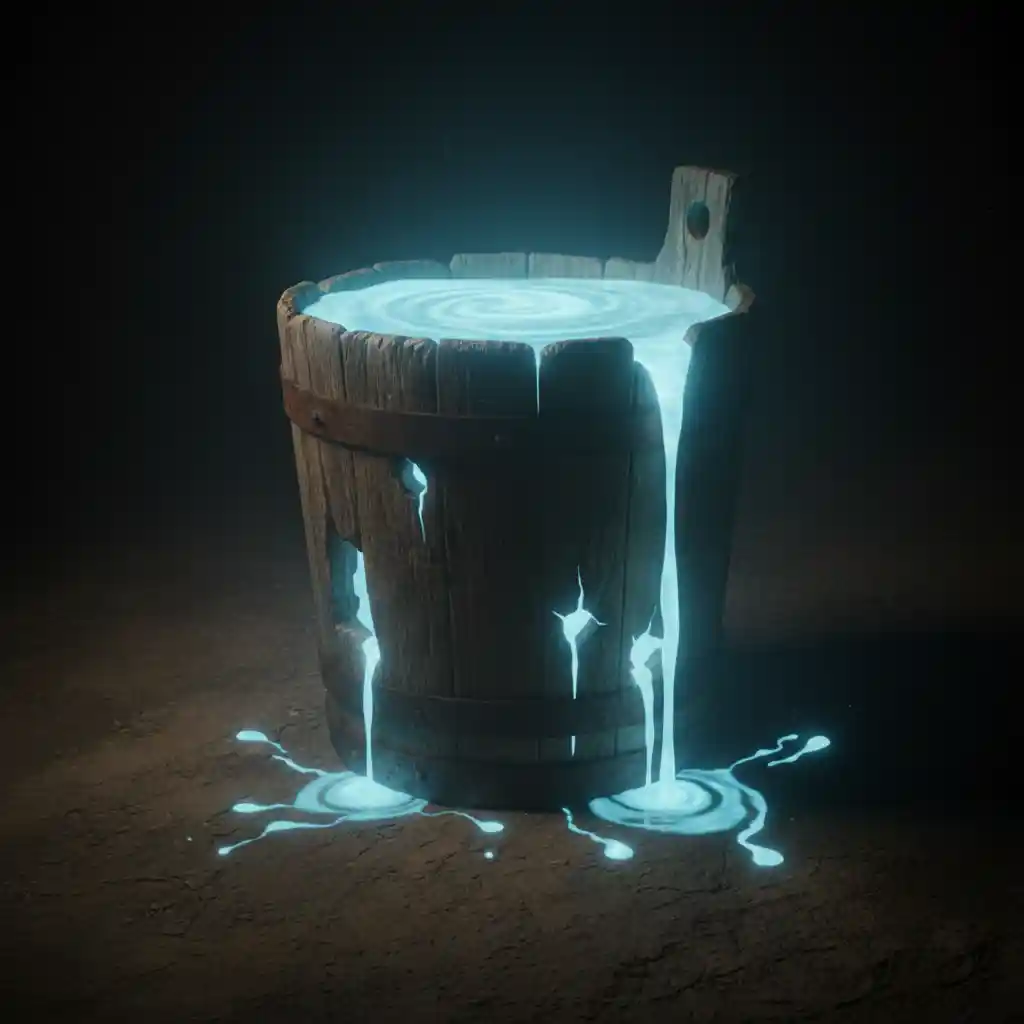 A conceptual image of a rustic wooden bucket with glowing water leaking out of multiple holes, representing a loss of personal energy.