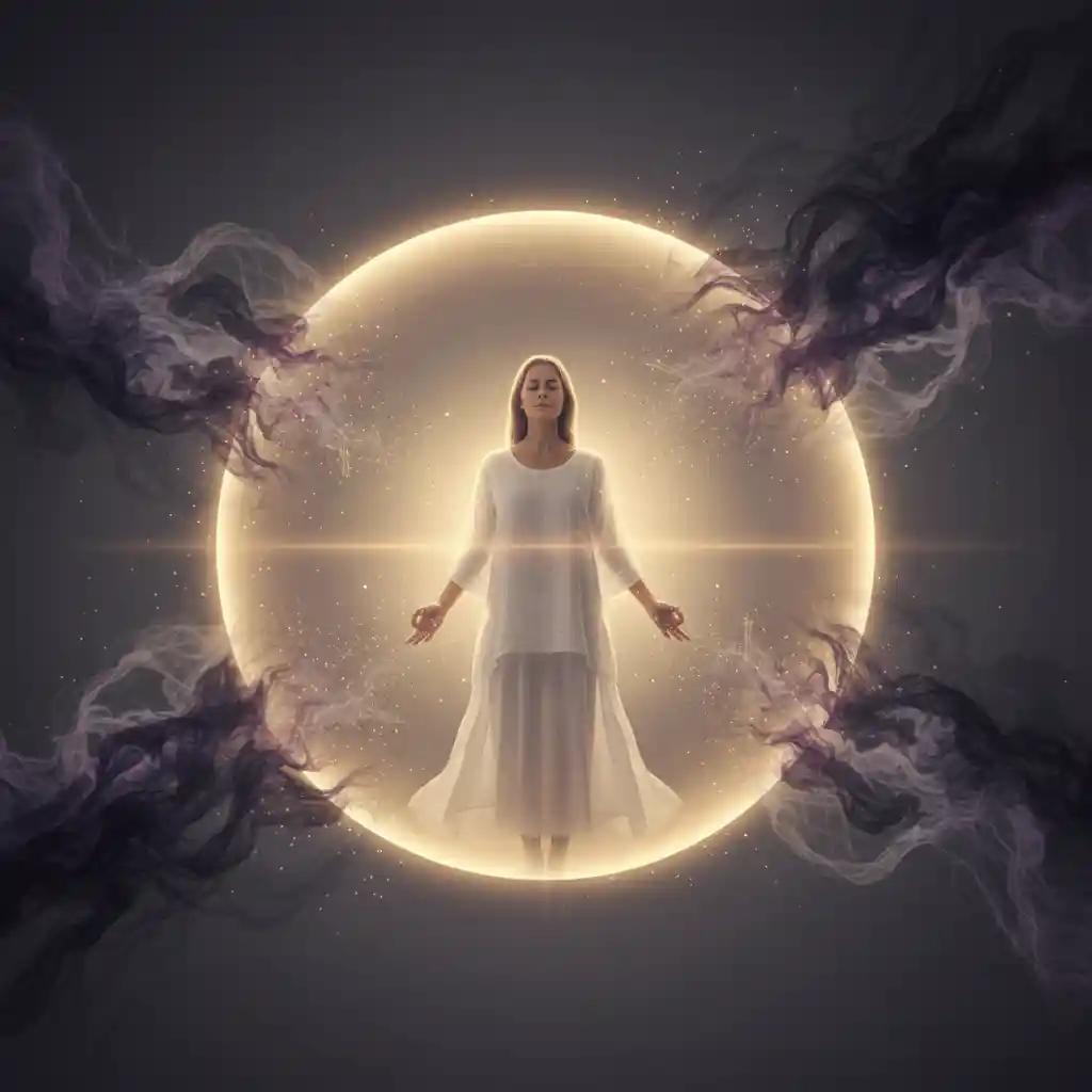 A woman standing peacefully inside a glowing golden sphere of light, with chaotic energy bouncing off the outside, symbolizing strong spiritual boundaries.